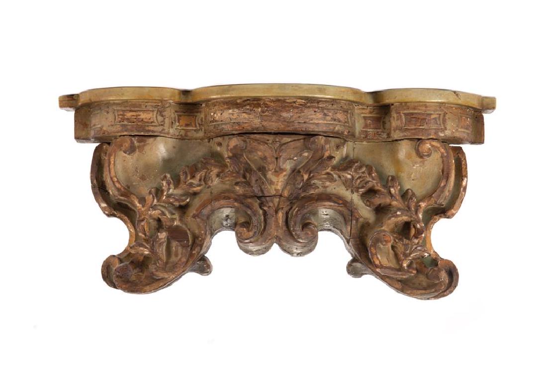 Antique carved wood and gilded wall bracket: Architectural fragment, Italian 18th C. H. 13 in. W. 26 1/2 in. D. 7 1/2 in.
