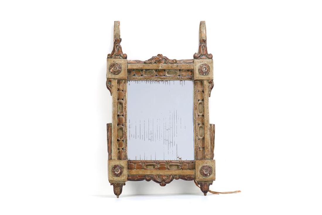 Antique polychrome carved wood framed mirror: .