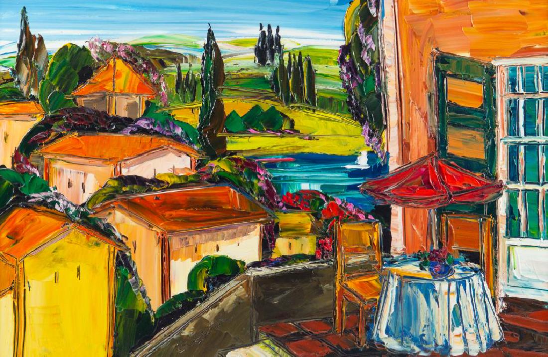 MAYA EVENTOV (Russian/Canadian, 20th C): View of Tuscany Oil on canvas Signed left Size: 35 x 23 in.
