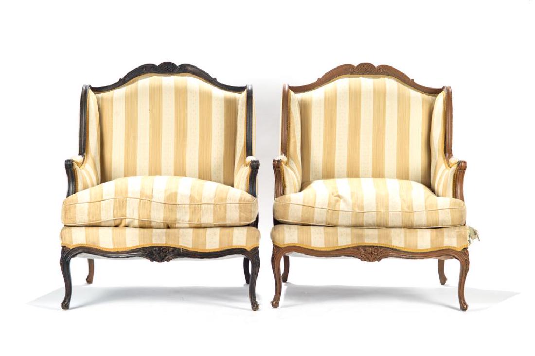 Pair of French Country painted wingback chairs: Mismatched paint.