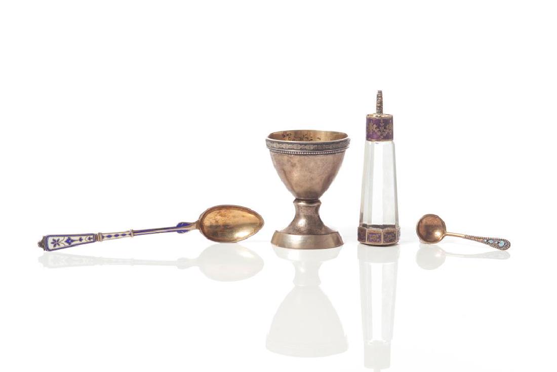 Lot of Russian & decorative objects: Including a crystal, silver & enamel cane handle, two spoons, an egg cup and antique jewellery box with Faberge marks.