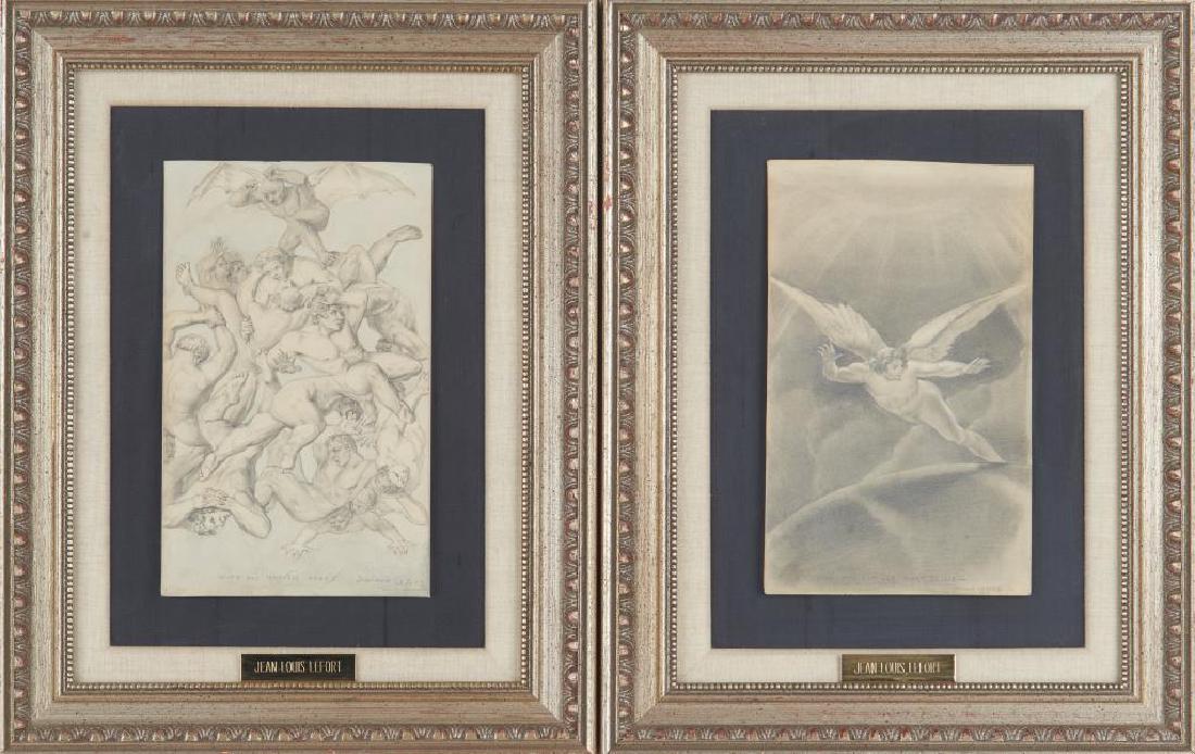 JEAN LOUIS LEFORT (French, 1875-1954): A pair of drawings: Chute des Mauvais Anges and Satan Skirting the Walls of HeavenCharcoal and wash heightened with white Each signed and titled in image Size: 17 x 13 in. (each overall)