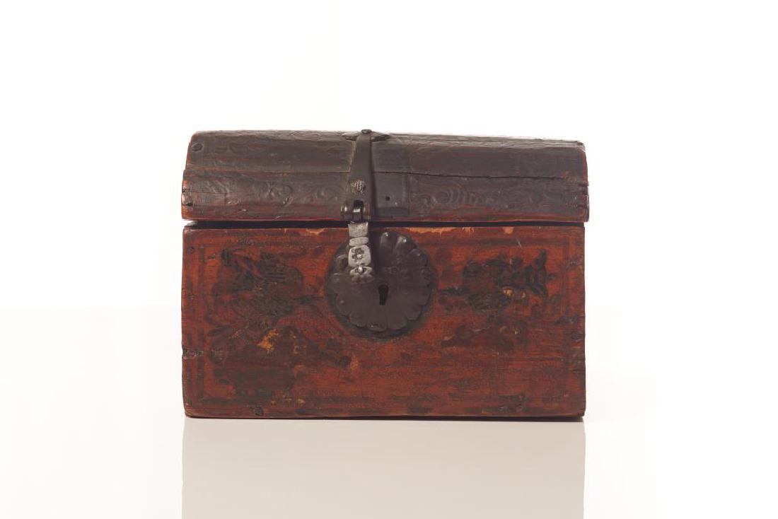 18th C dome topped casket: Possibly Pennsylvania Dutch with grain and foliate painting, wrought iron hinges, 18th/19th C. L. 7 5/8 in.