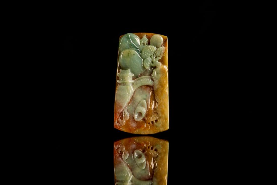 Chinese celadon and russet jadeite plaque: Celadon jade with russet brown inclusions. Carved on both sides with mountain and pagoda landscape scenes. H. 7.5cm (3 in.)