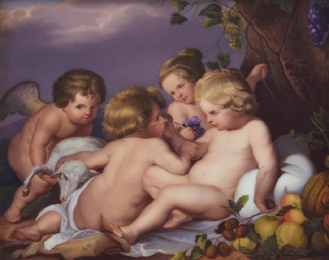 AUSTRIAN HAND PAINTED PORCELAIN PLAQUE: Imprinted on back with stamp and 33 855, and Bee Hive mark for Vienna porcelain, 19th century Back bottom left inscribed "R. P. Rubens pins."titled "Christus et Johanes" - scene of Christ and John the