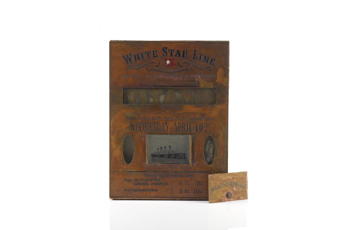 BRONZE & GLASS TITANIC PLAQUE: White Star Line sign advertisement for the "First sailing of the latest addition of the White Star Fleet THE QUEEN OF THE OCEAN". Details engraved related to the ship's size, date of departure from Pi