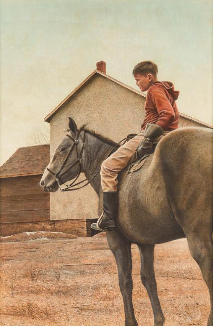 KENNETH EDISON DANBY (Canadian, 1940-2007): The Pony Rider (1967) Egg Tempera Signed and dated '67 lower right Size: 36.25 x 24 in. Provenance: Gallery Moos Ltd., label verso Literature: Duval, "Ken Danby: the new decade", 1984, p. 92,96: With 