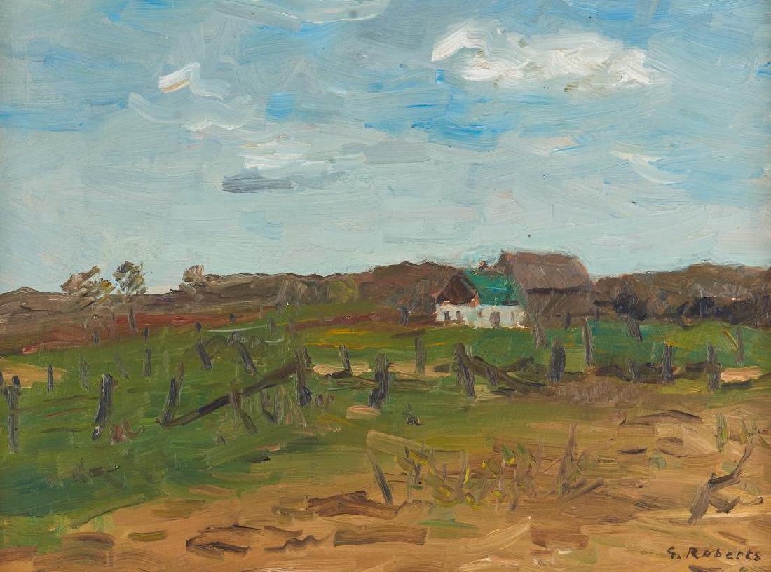 WILLIAM GOODRIDGE ROBERTS (Canadian, 1904-1974): Fields and Farm Buildings (1959) Oil on board Signed lower right Size: 12 x 16 in. Provenance: Private Estate Collection Toronto; Roberts Gallery Ltd. stock no. 7591s