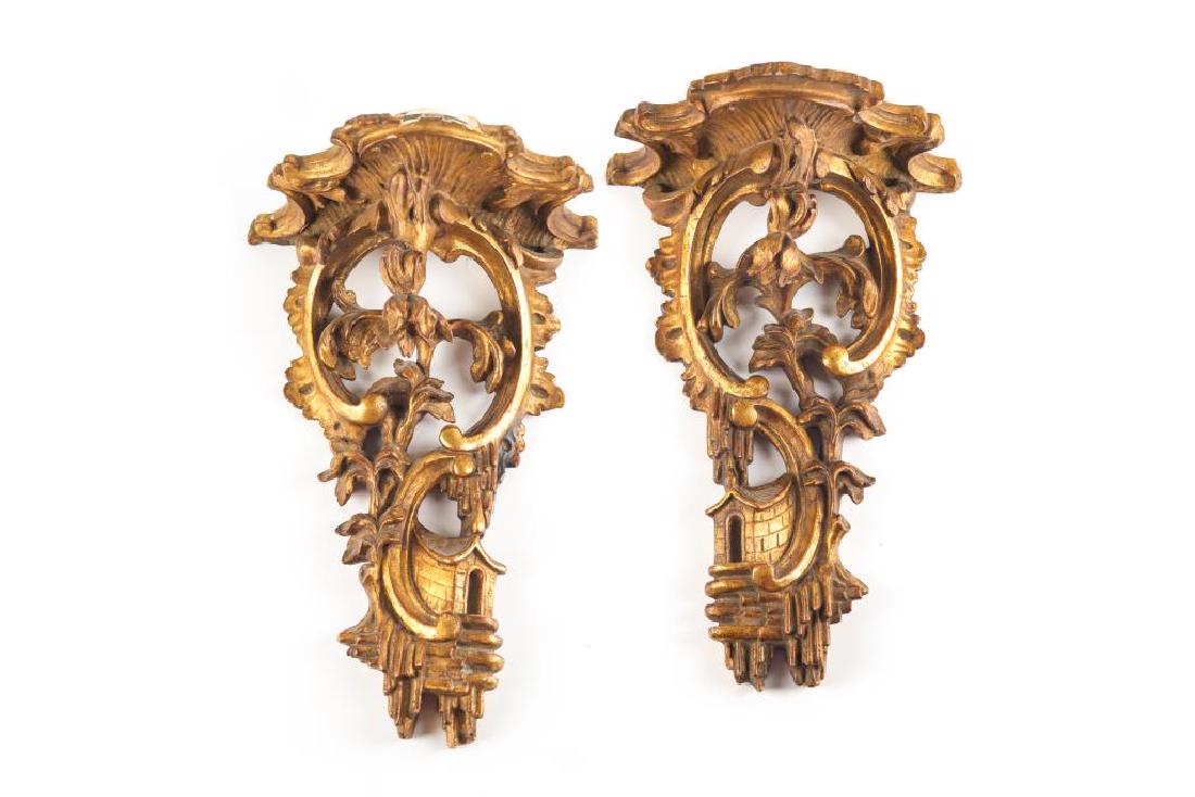 PAIR OF CAST PLASTER GILDED WALL SCONCES: 19th C Chippendale Chinoiserie Style, decorative bracket shelves H. 35cm (13 3/4in.) each.