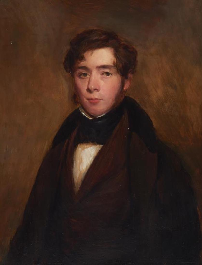 MANNER OF GEORGE HAYTER (British, 1792-1871): Half Length Portrait of a Young Man (mid 19th C) Oil on Roberson & Miller board Size: 10 x 8 in. Provenance: Ronald Windebank Antiques, Toronto, c. 1981; collection of Dr. J. Bruce Minore, Thunder Bay