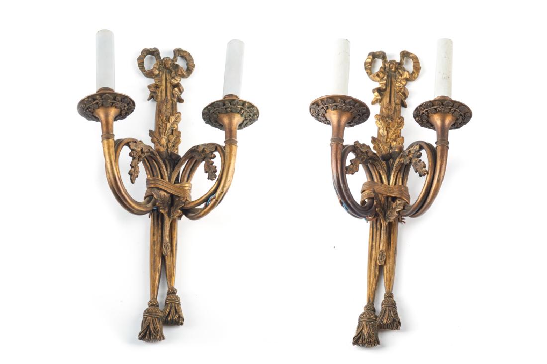 PAIR OF EMPIRE BRONZE WALL SCONCES: Each sconce with two branches. H. 46 cm (18 in)
