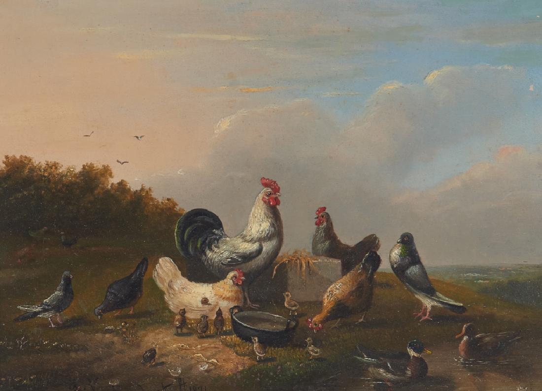 FRANZ VAN SEVERDONCK (Belgian, 1809-1889): Rooster, Fowl, Ducks and Pigeons in a Landscape Oil on panel Signed and dated 1871 lower left; signed in black ink verso and inscribed in French by artist verso Size: 7 x 9.75 in.