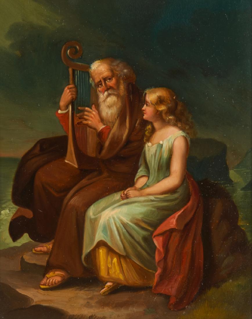 FRENCH SCHOOL (19th C): The Harpist Oil on tin 10 x 8.5 in.