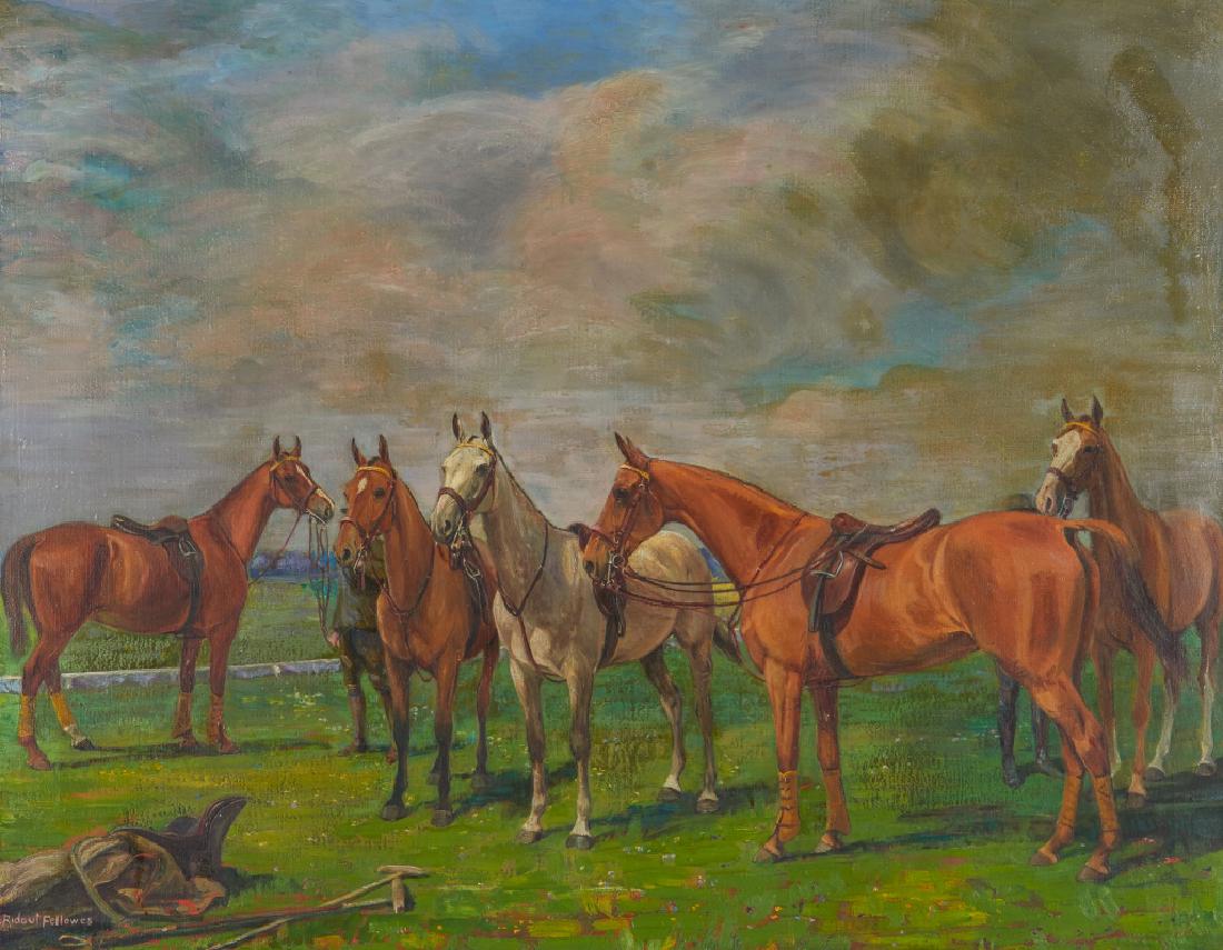 E. RIDOUT FELLOWES (British School, 20th C): Horses Saddled in a Paddock Oil on canvas Signed lower left Size: 27 x 34.5 in.