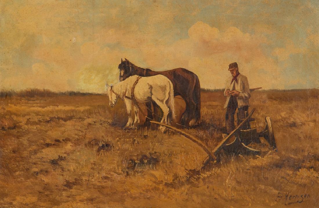 P. HERNGEN (Dutch School, 19th C): Ploughing Oil on canvas Signed lower right Size: 16 x 23.75 in.