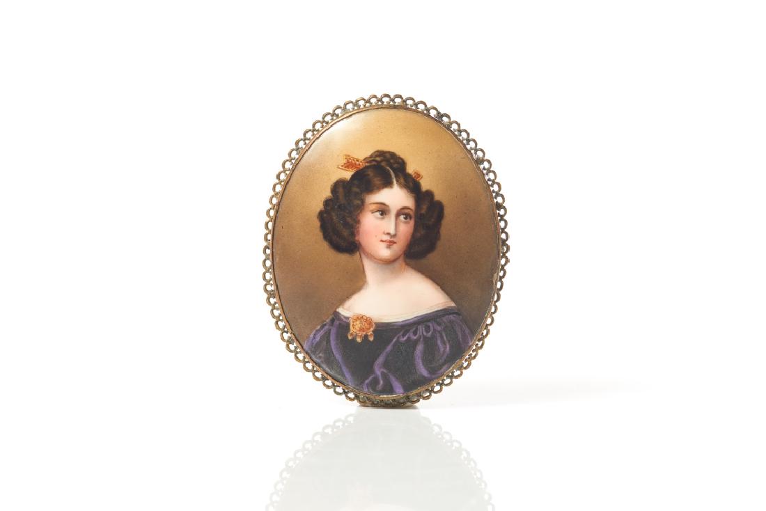 PAINTED MINIATURE PORTRAIT OF A LADY: In oval frame. Inscribed on back " Anna R. Kaula, J.K. Stieler" H. 8 cm (3 1/8 in)