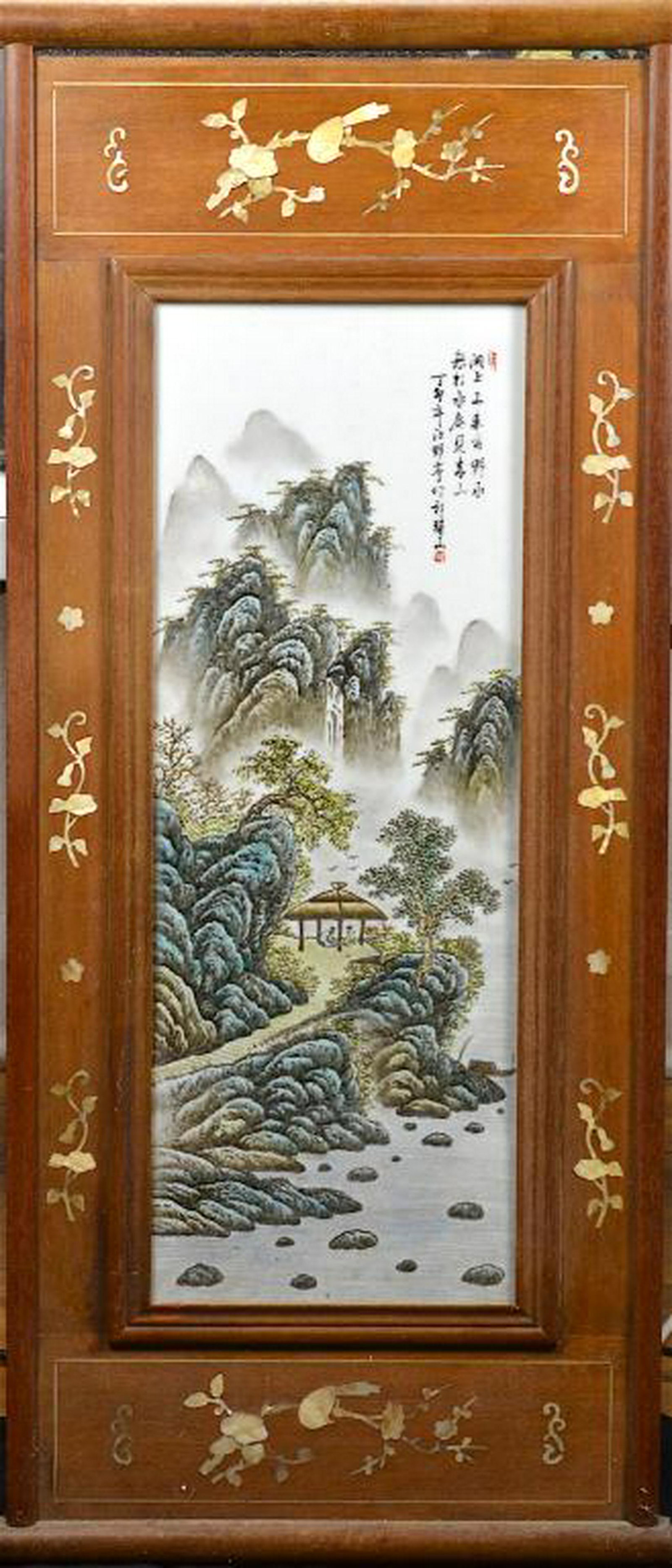 PAIR OF FRAMED CHINESE PAINTED PORCELAIN PLAQUES: Painted with mountain landscape. Both signed Wang Yeting. In a hardwood frame with inlays and metal hook to top. Visible plaque size: 68.5 x 25cm (27 x 9 1/2 in.) Frame size: 106 x 45cm (41 1/2 x 17 3