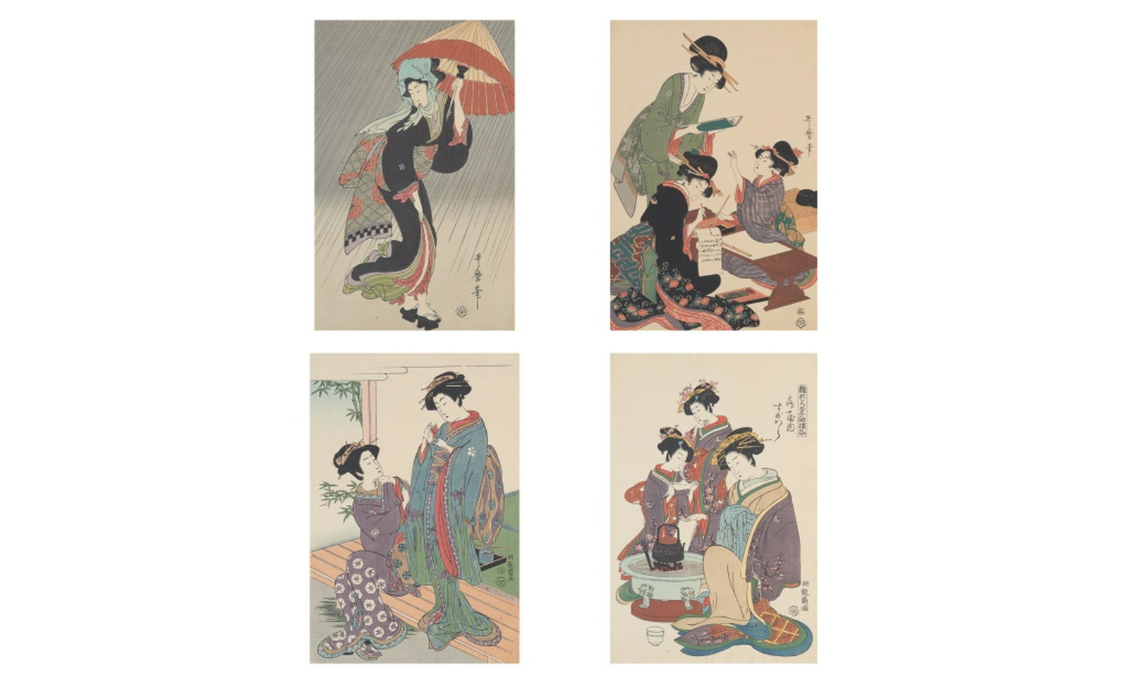 GROUP OF 4 JAPANESE UKIYO-E WOODBLOCK PRINTS: Including 2 Isoda Koryusai (1735-1790). 2 Utamoro Kitagawa (1750-1806). Woodblock on paper, backed with paper sheet, unframed. Largest print size: 38 x 25cm (15 x 9 3/4 in.)