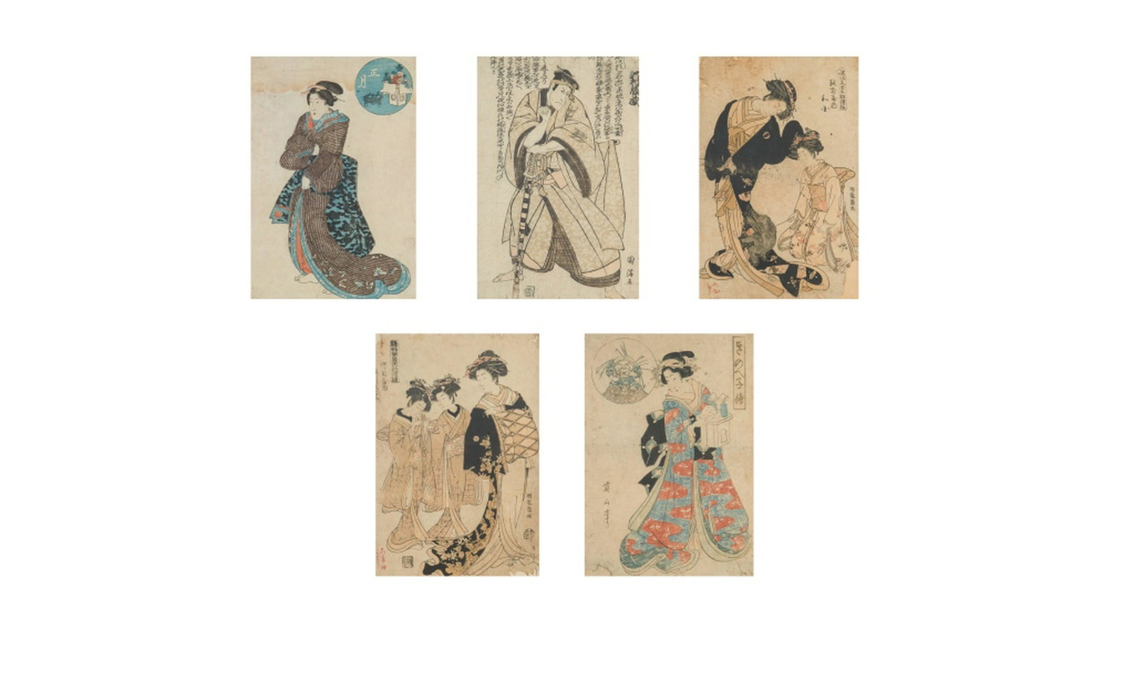 6 FRAMED JAPANESE UKIYO-E WOODBLOCK PRINTS: Largest frame size: 57.5 x 42cm (22 3/4 x 16 1/2 in.)