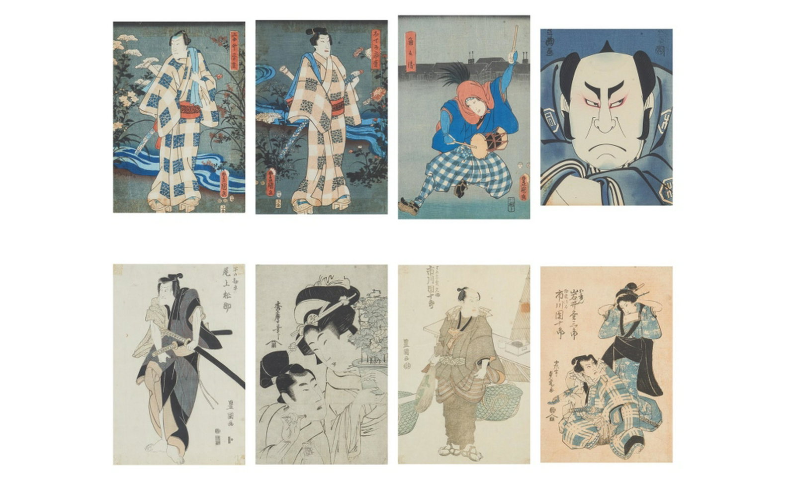 10 FRAMED JAPANESE UKIYO-E WOODBLOCK PRINTS: Largest frame size: 62 x 54cm (24 1/2 x 21 1/4 in.)
