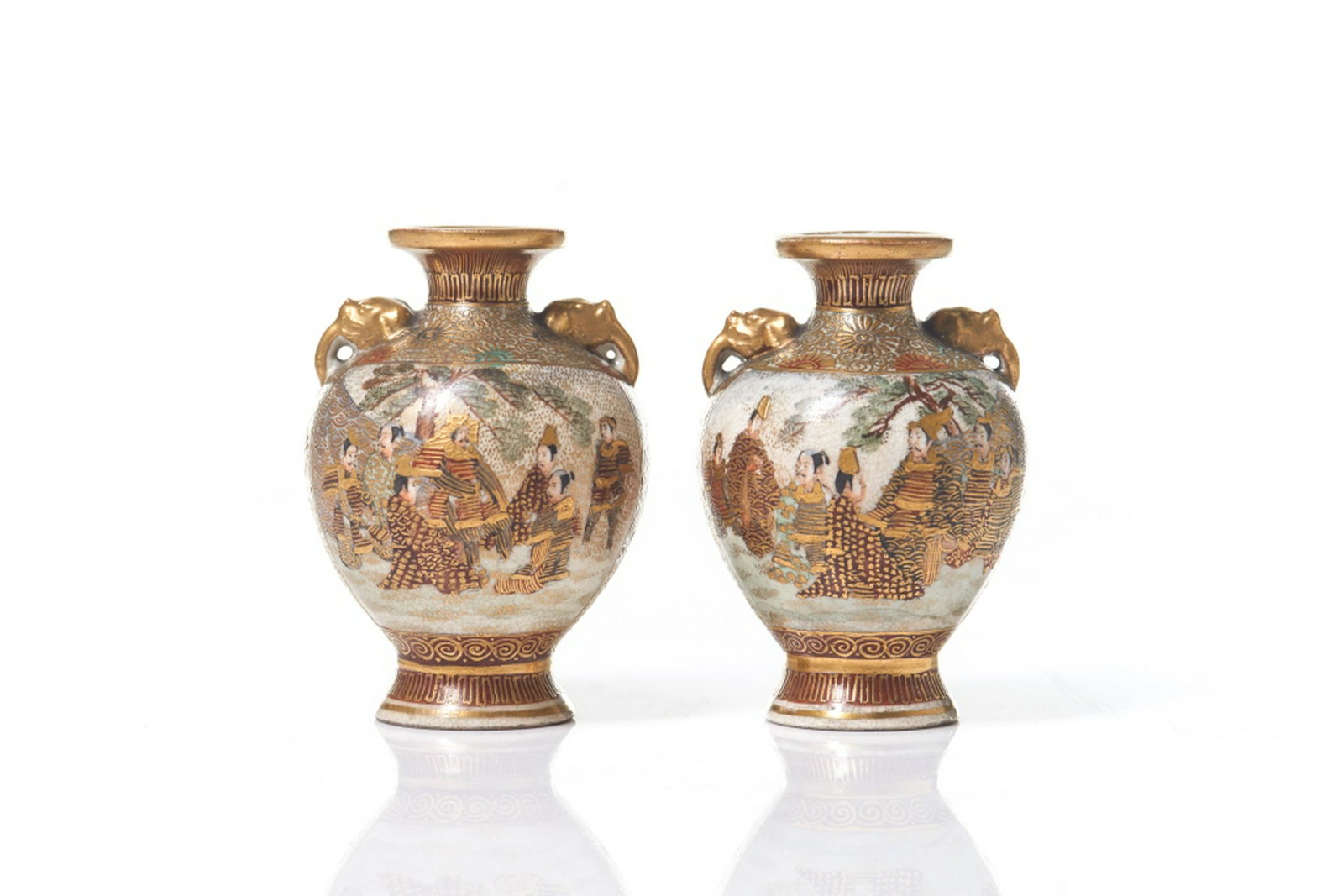 PAIR OF JAPANESE SATSUMA POTTERY MINIATURE VASES: Gilt and enamel painted with figures to body. Marked Gyokuzan to base in red. Meiji period. H. 7.5cm (3 in.)