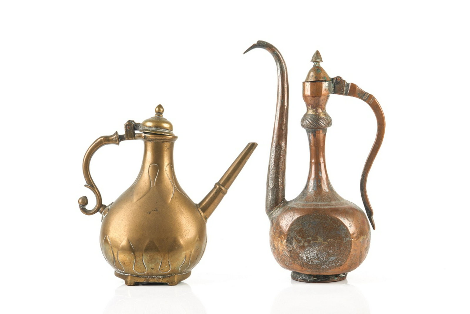 TWO 18th C. ISLAMIC PERSIAN INDIAN EWERS: With incised dragons, floral & birds patterns. H. 35cm (13 3/4 in.) North India brass vessel body decorated with lappets. H. 24cm (9 1/2 in.)
