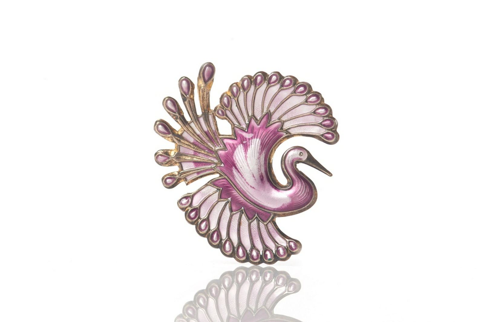 DAVID ANDERSEN SILVER ENAMELLED PEACOCK BROOCH: Enameled in various shades of purple. From the 1960s to 1970s. Marked David-Andersen Norway. Stamped Sterling 925s. L: 2in. W: 14g.
