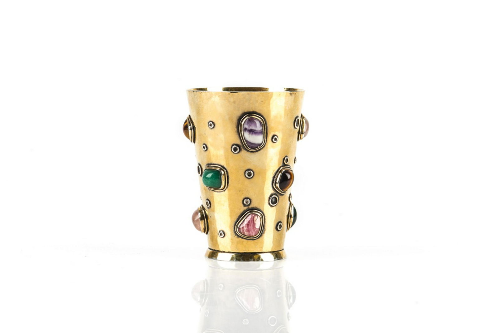 SILVER GILT CANADIAN STUDIO DESIGNED BEAKER: With mixed semi precious bezel set stones. Base marked "M.J.M.G.A. December 23, 1961. From G.E.T." and "LUD NICKEL" Marked sterling. H. 10.5 cm (4 1/8 in.)