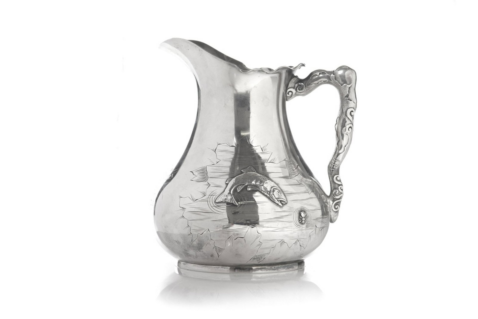 ANTIQUE PAIRPOINT QUADRUPLE PLATE PRESENTATION JUG: An American aesthetic movement water jug given as a prize in an early bicycle race. Inscribed on front "9th Prize Irvington Milbury Road Race Won by David Beckett Jr. May 30th 1895." Marked on bottom 