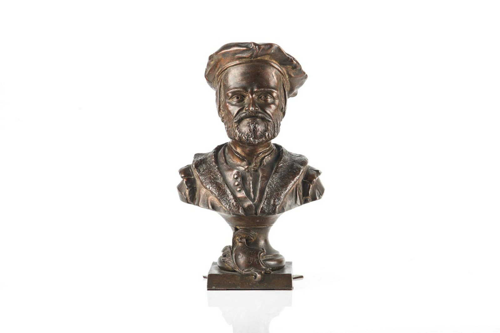 BRONZE BUST OF JACQUES CARTIER: Signed A. Milliot H. 35.5 cm (14 in.)