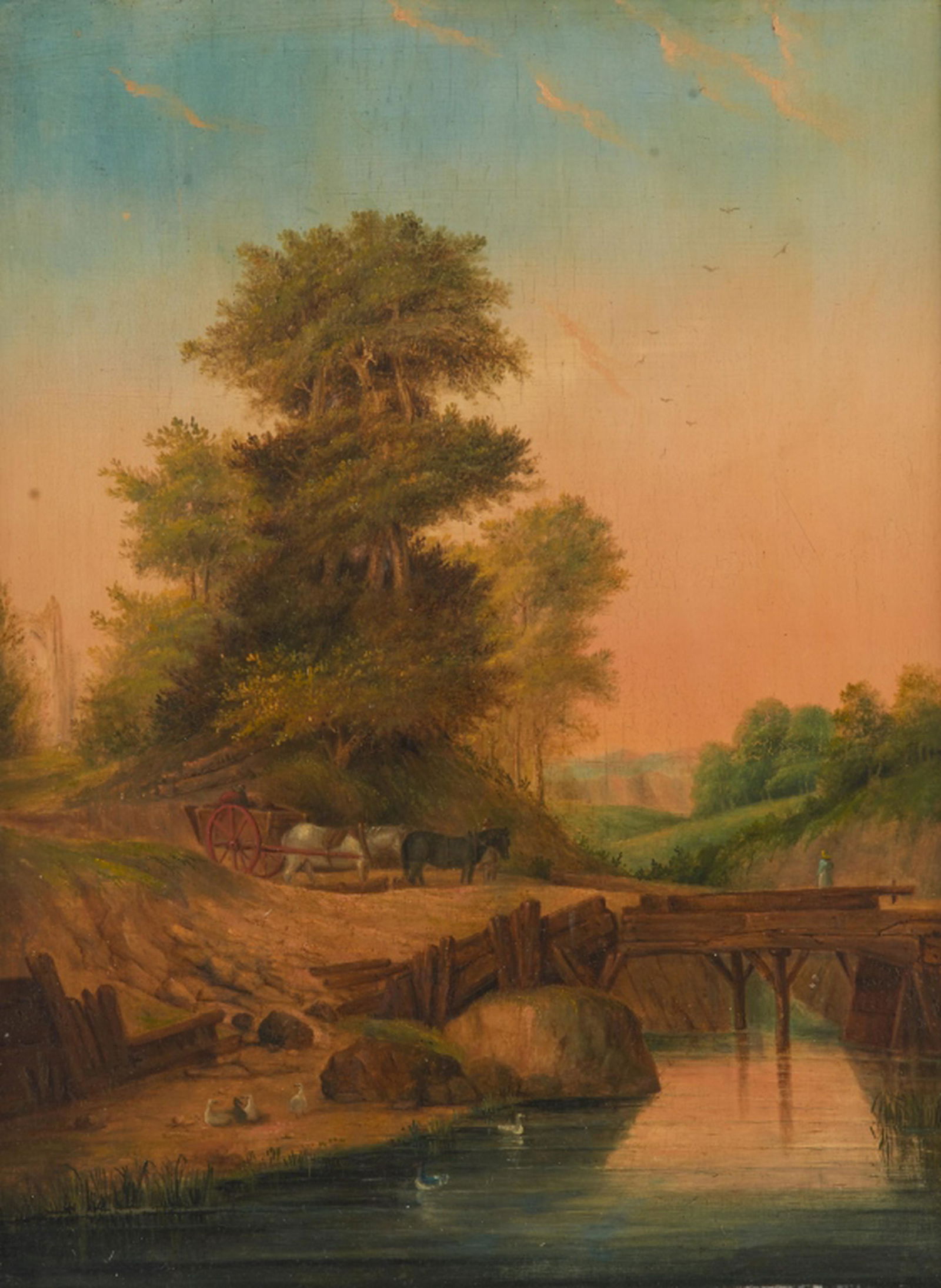 BRITISH SCHOOL (19th C): Landscape with Wooden Bridge and Horse and Cart Oil on board Size: 15.5 x 12 in.