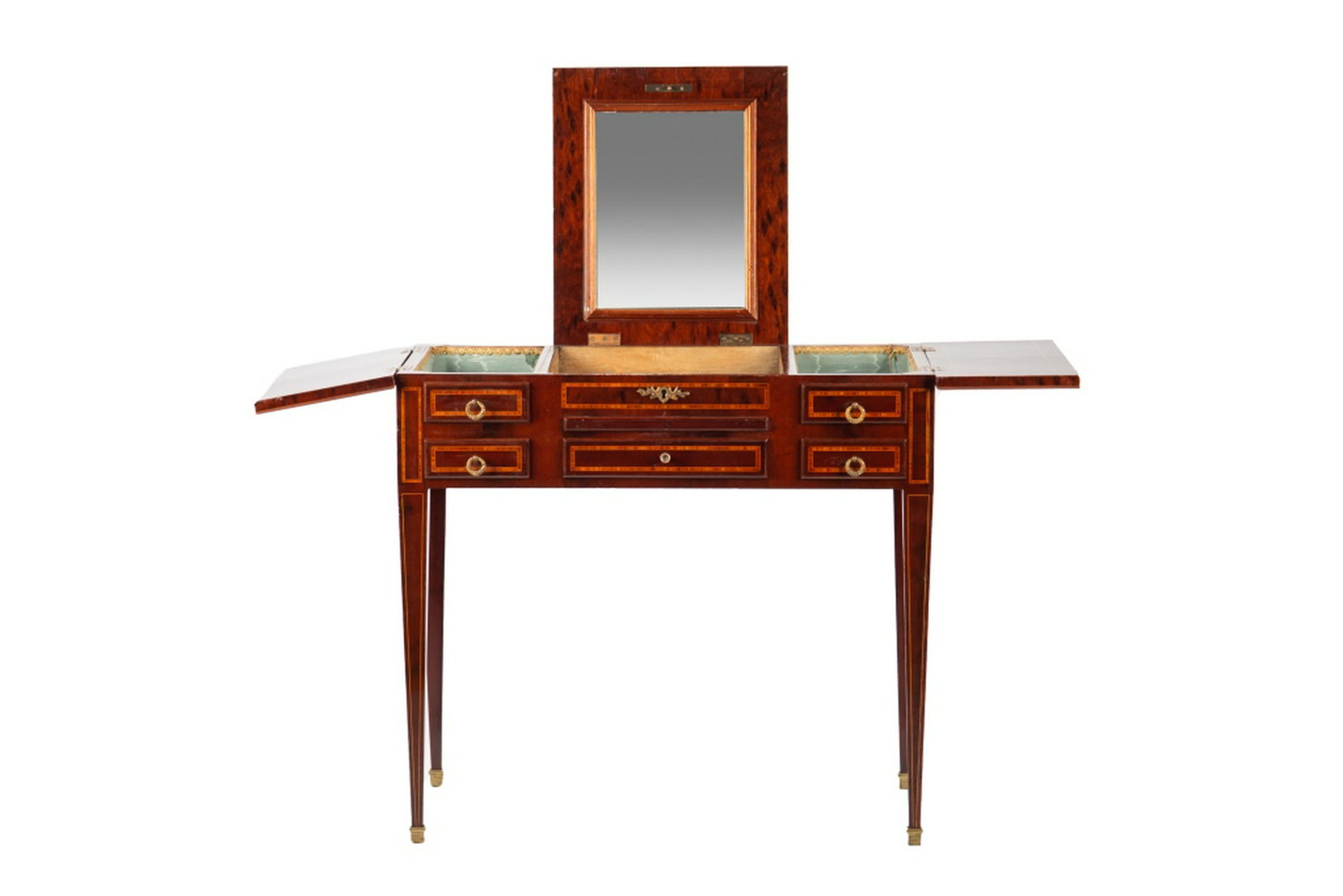 PLUM MAHOGANY POUDREUSE VANITY DESK: With light wood banding and brass pulls on fine tapered legs. H. 29 W. 31 D. 17 3/4 in.