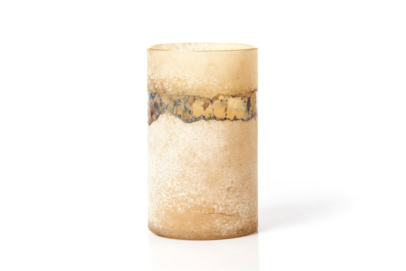 ALFREDO BARBINI LARGE "SCAVO" GLASS VASE: For Cenedese, modern made in Italy. Pillar form with frosted exterior and an abstract decorative band with blue detailing. H. 27 cm (10 5/8 in)
