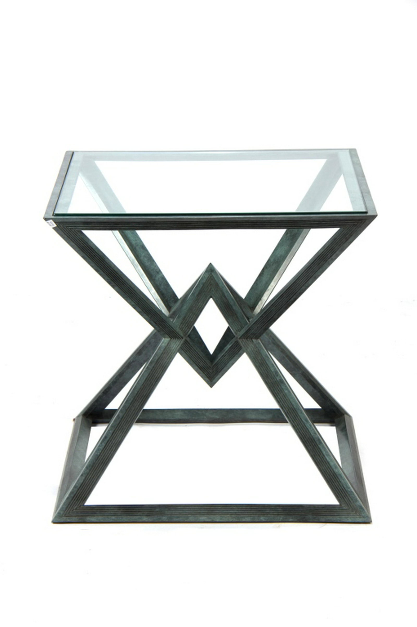 NICOLAS AUBAGNAC GLASS AND BRONZE SIDE TABLE: Designed by Nicolas Aubagnac, signed.