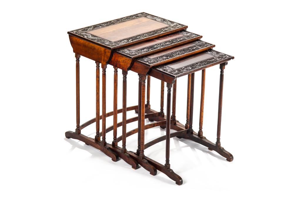 SET OF FOUR CHINESE HARDWOOD NESTING TABLES: 晚清 龍紋木套桌（四件） Hand carved with relief dragon border to top of each. 19th C. Largest: H. 69 x 46 x 38cm (27 x 18 x 15 in.)