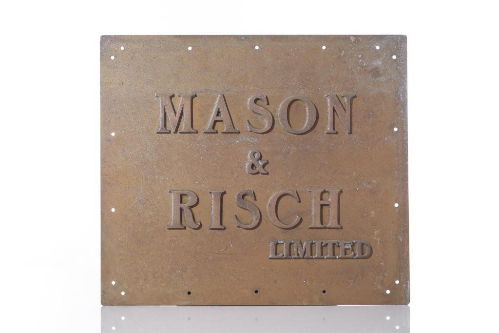 MASON & RISCH LIMITED TORONTO BRONZE SIGN: piano manufacturers, early 20th C. W. 41 cm (16 1/4 in.) Condition Report several chips