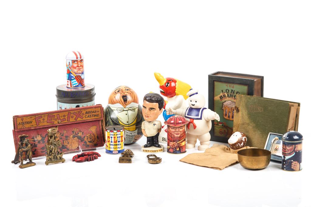 ASSORTED LOT OF TOYS, TINS, & COLLECTIBLES: Including a Dr. Ben Casey bobble head, a Pillsbury doughboy, a rabbit chocolate mould, and a Mickey Mouse flashlight, among others.
