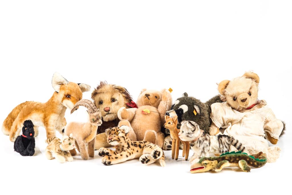 GROUP OF ASSORTED STEIFF STUFFED ANIMAL PLUSH TOYS: Including 13 Untagged: 2 kittens, 1 scotty dog, 1 fawn, 1 ram, 1 teddy, 1 fox and 1 lion Tagged: 1 "Gaty", 1 "Ozelot", 1 "Pummy" raccoon, 1 "Original Teddybar"