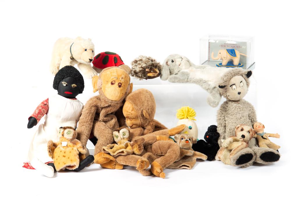 LARGE LOT OF ASSORTED PLUSH AND STUFFED TOYS: Including puppets, Steiff, Merrythought Humpty Dumpty musical, and Dr. Seuss character.