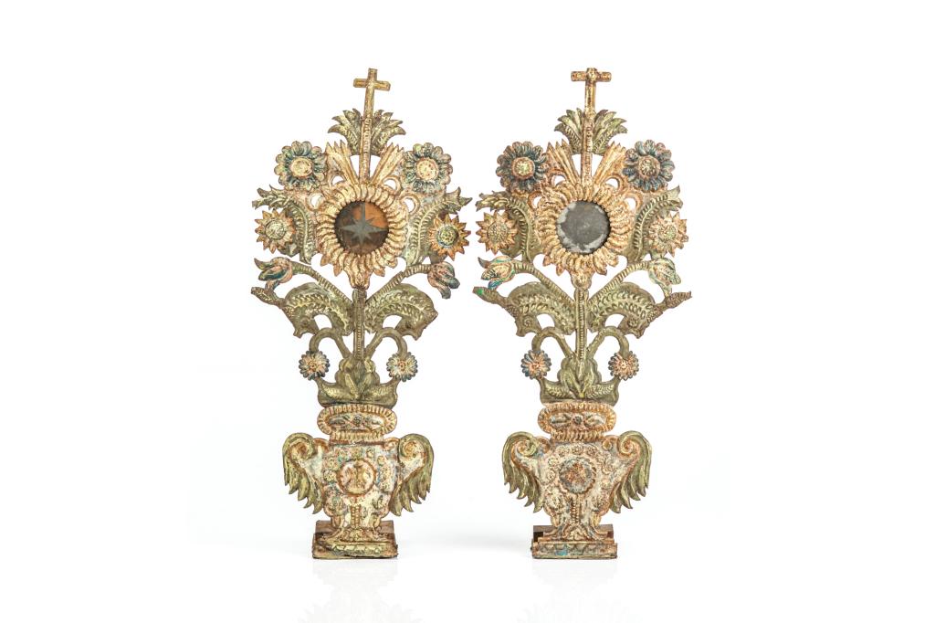 ANTIQUE PAINTED EMBOSSED TIN MANTEL ORNAMENTS (1 of 4)