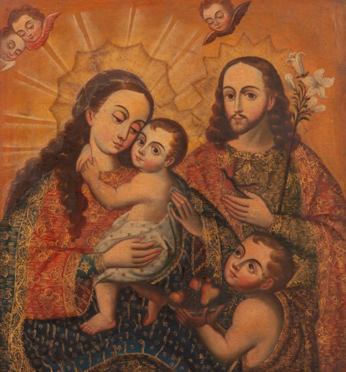 ANTIQUE SPANISH COLONIAL PAINTING OF HOLY FAMILY: Stamped with old export stamp verso.Size: 27.5 x 26 in.