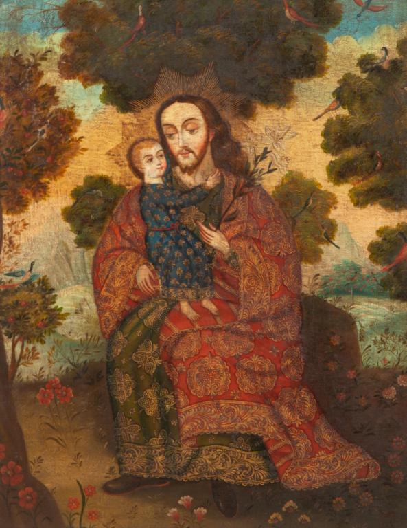 ANTIQUE SPANISH COLONIAL PAINTING OF JOSEPH AND CHILD: Stamped with old export stamp verso; Size: 23 x 32 in.