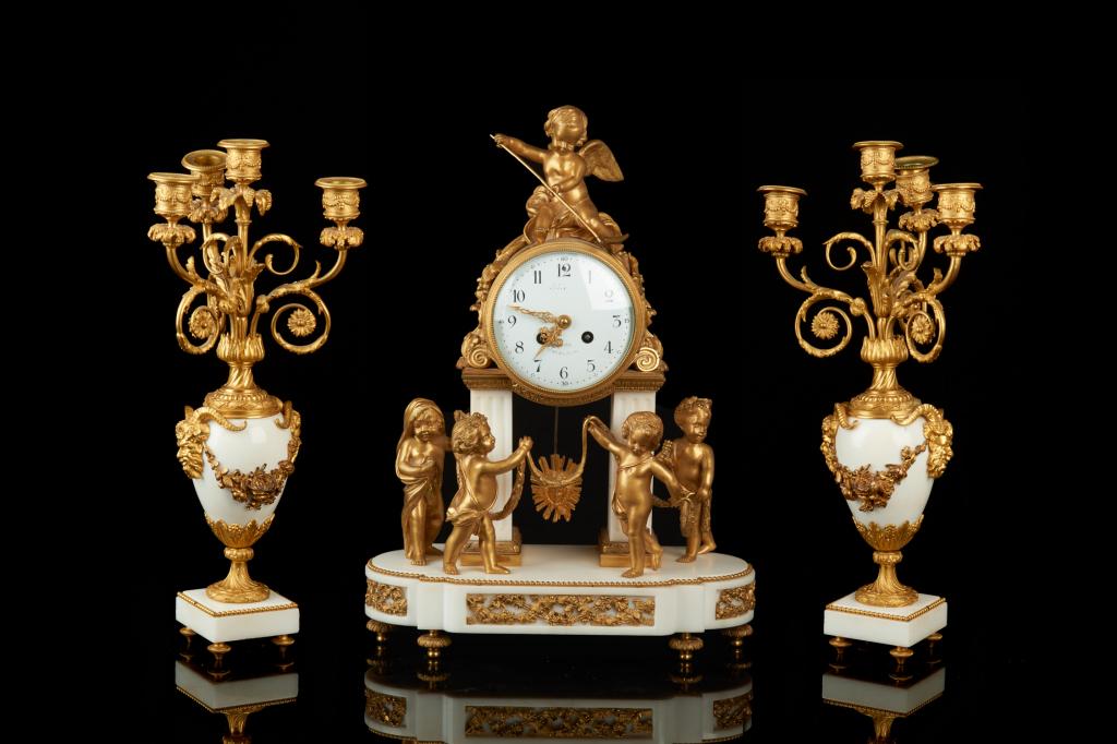 FRENCH GILT BRONZE & WHITE MARBLE CLOCK GARNITURE (1 of 14)