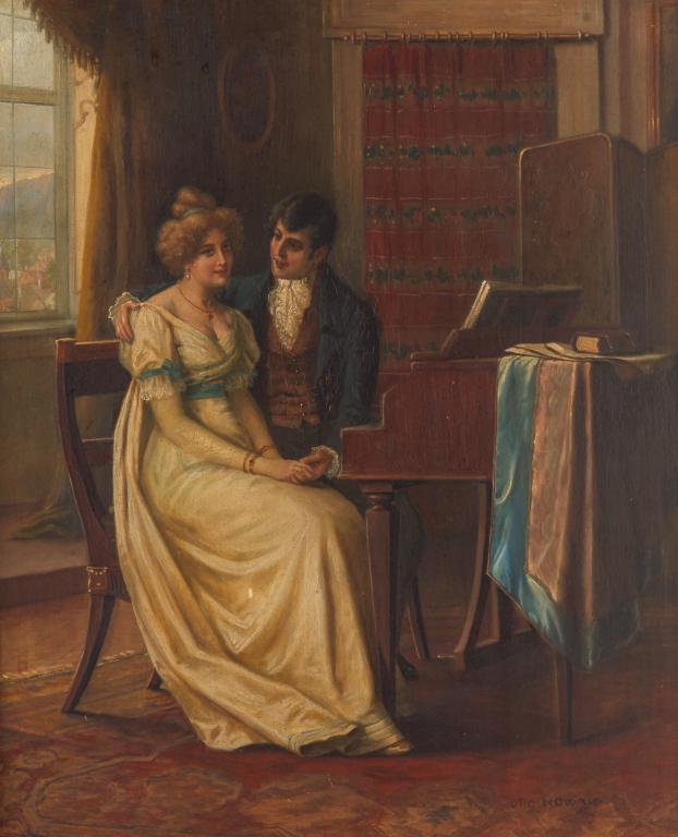 OTTO ROBERT NOWAK (Austrian, 1874-1945): Couple Seated at Piano Oil on panel Signed lower right Size: 15.75 x 13 in.