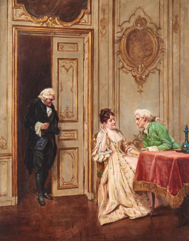 ATTRIB. MAURICE BLUM (French, 1832-1909): Parlour Scene Oil on panel Bears signature lower left Size: 16 x 12 in.