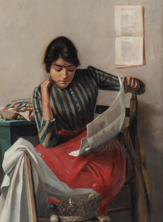 VITTORIO GUACCIMANNI (Italian, 1859-1938): Portrait of a Woman Reading Oil on panel Signed and dated '91 upper left Size: 19 x 12.75 in.