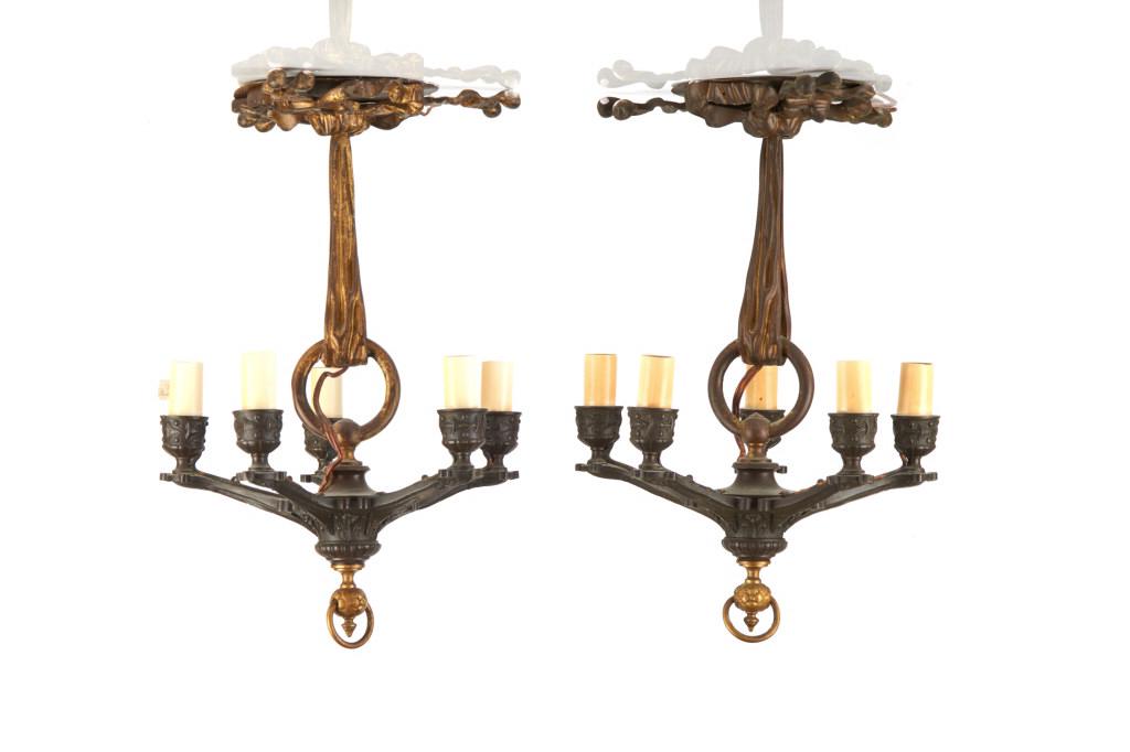 PAIR OF SMALL FIVE ARM BRONZE CHANDELIERS (1 of 4)