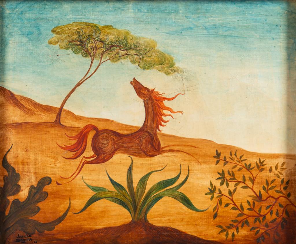 JUAN JOSE SEGURA (Mexican, 1901-1964): Desert scene with horse Oil on canvas, signed â€˜65 With another:Alma Gitana Pinto Oil on canvas Signed and dated lower right; Signed, titled and dated Mexico, 1950 verso Size: 14 x 19 in.