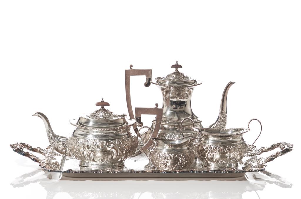 SILVERPLATE TEA & COFFEE SERVICE WITH TRAY (1 of 1)