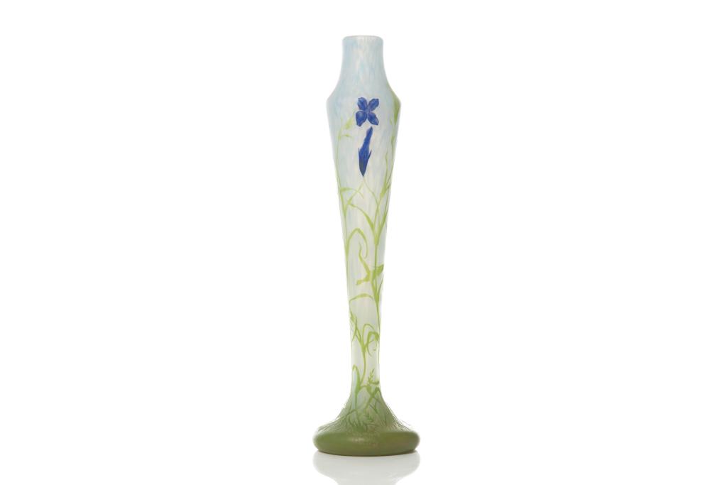 TALL DAUM NANCY ART NOUVEAU CAMEO VASE: French, a pale blue background with cameo green grass and dark blue flowers. Inscribed Daum Nancy along the base. H. 60 cm (23 1/2 in.)